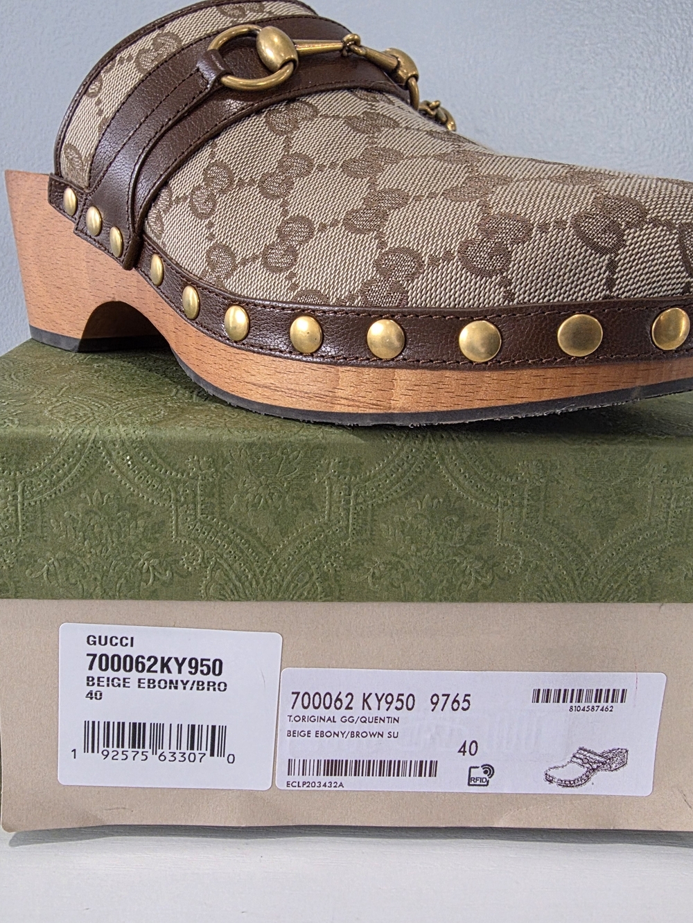Gucci Beige & Brown GG Canvas Studded Clog - Picture 13 of 16
